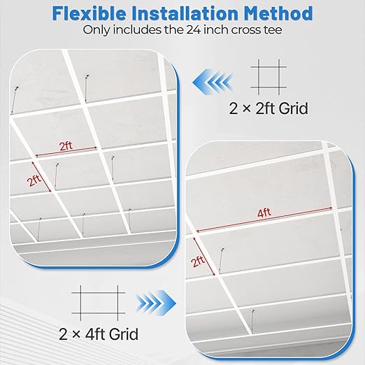 10 PCS 24 Inch Cross Tee Drop Ceiling Grid System, 2 Ft Galvanized Steel Rust & Fire Resistance Easy Installation, Ideal for Basement Living Room Garage Kitchen Bathroom White