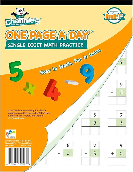 Channie’s One Page A Day Single Digit Addition & Subtraction Workbook for Pre-Kindergarten - 1st Grade Elementary School Students, Single Digit Math Practice, 50 Pages