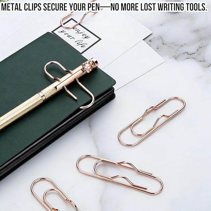12Pcs Pen Holder Clips - Pen Holding Paper Clips Metal for Notebooks, Decorative Pencil Clip Organizer, Multi-Functional Bookmark & Card Holder for Desk Organization Rose Gold