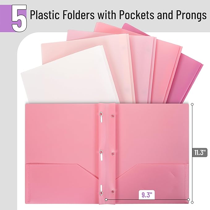 Mr. Pen- Plastic Folders with Pockets and Prongs, 5 Pack, Dusty Rose Colors, File Folders with Fasteners, 2 Pocket Folder