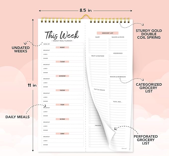 Decorably 52 Sheets Minimal Pink Undated Magnetic Weekly Meal Planner and Grocery List Notepad with 4 Strong Magnets - 8.5x11in Spring-Bound, Refrigerator Mountable, Easy Tear-Off Design