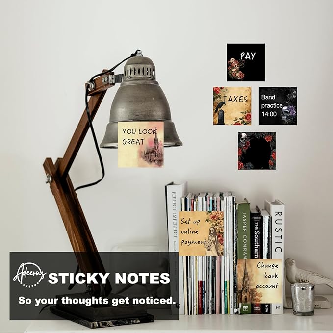 9 Pads Gothic Sticky Notes Set, Black Self-Stick Notepads, Super Adhesive Memo Pads Note Card, Halloween Office Decor Gifts, Desk Accessories for Students, Teacher and School Supplies, 3x3in