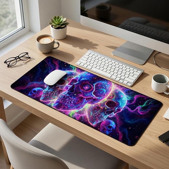 Manicer Blacklight Skull Mouse Pad – UV Reactive Neon Glow Gaming Desk Mat, Colorful Skeleton Extended Non-Slip Mousepad for PC Gamers, Office, Room Decor - 31.5" x 11.8"