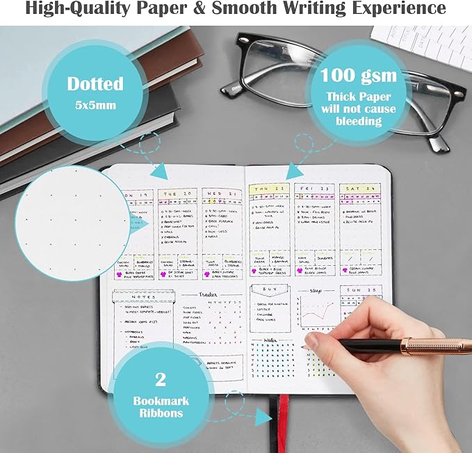 Pocket Dotted Notebook, 2-Pack Dot Grid Notebook, Dotted Journal with Stickers, 3.5" x 5.5" Hardcover, Small Mini A6 size, 160 Pages, 100 gsm Thick Paper, Black