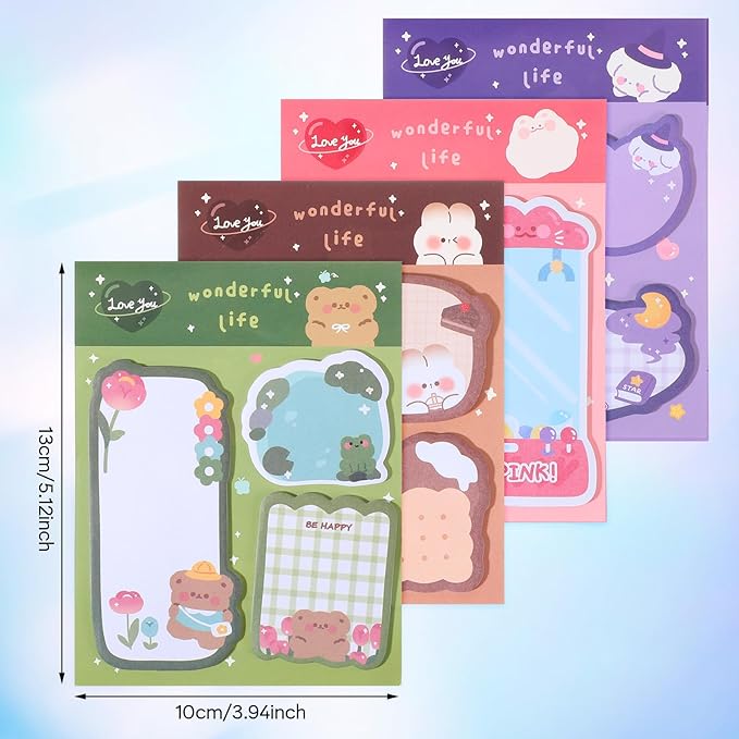 4 Pack Sticky Notes Kawaii Animal Posted Notes Set 240 Sheets Animals Shape Markers Flags Self-Stick Memo Pads Kawaii Small Self-Stick Note Pad for Office Roommates Home Kids Students (Set 2)