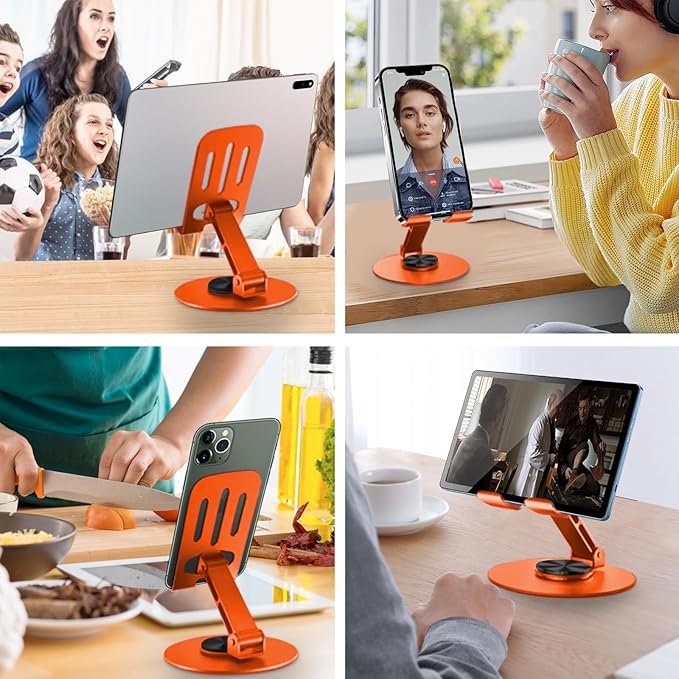 Universal Metal Cell Phone Stand, Multi-Angel Adjustable 360° Rotation Non-Slip Metal Phone Stand Compatible with iPhone 17 16 Pro Max and All Smartphones (Orange&Orange)