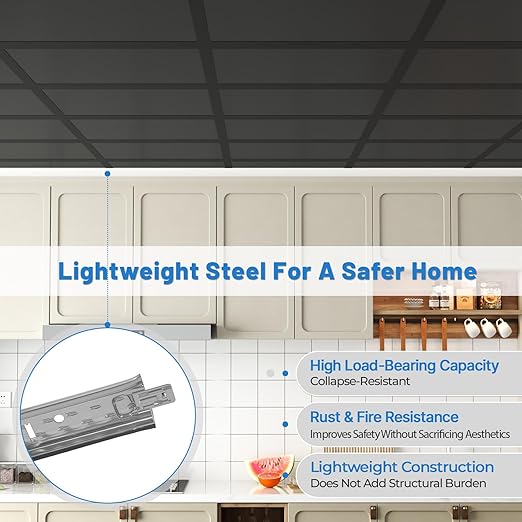 25 PCS 144 Inch Main Beam Cross Tee Drop Ceiling Grid System, 12 Ft Galvanized Steel Rust & Fire Resistance, Ideal for Basement Living Room Garage Kitchen Bathroom Black