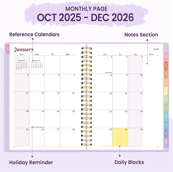 2026 Planner, Annecy Weekly ＆ Monthly Planner 2026, Jan. 2026 – Dec. 2026, 6.4" x 8.3" Monthly Agenda Planner with Tabs, Waterproof Flexible Cover, Spiral Binding, Double-sided Pocket, Bookmark, Purple
