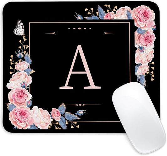 Letter A Black and Pink Flowers Square Mouse Pad, Mouse Pad with Stitched Edge and Non-Slip Rubber Base,Mouse Mat,Home Office Decor Desk Accessories,9.4x7.8x0.12 inch Square Mouse Pad