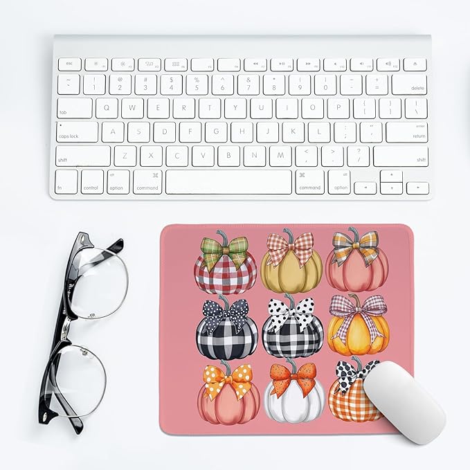 Coquette Pumpkin Mouse Pad,Cute Fall Autumn Pumpkin Mouse Pads,Pink Bow Girly Desk Mat for Home Office Dorm Desktop Decor,10.2x8.2 Inch