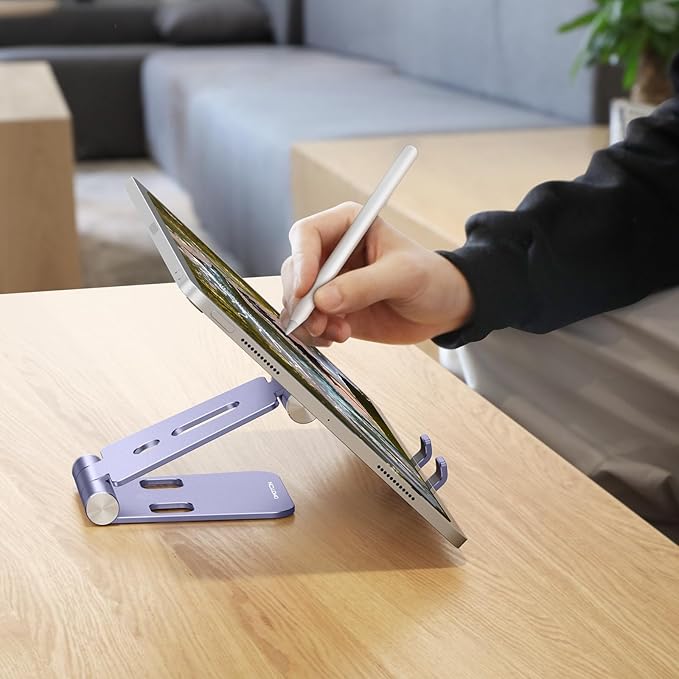 OMOTON Foldable Cell Phone Stand, C4 Portable Aluminum Phone Holder, Adjustable Phone Dock Cradle Compatible with iPhone 17/16/15 Pro Max Air, Samsung Galaxy, Small Tablets, Smart Phones, Purple