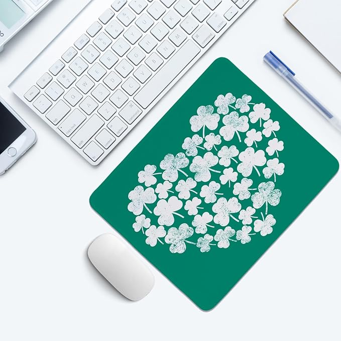 Cute St Patricks Day Mouse Pad,Green Shamrock Heart Mouse Pad,Shenanigans Desk Mat, Lucky Clover Pattern Desk Mat,for Dorm Home Office Decor,St Patricks Day Gift,10.2x8.3 Inch