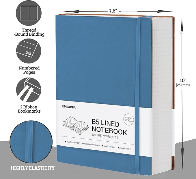 Gosirm Lined Journal Notebook, Thick Journals College Ruled for Writing, 304 Pages Leather Notebook 100 Gsm Lined Paper, Daily Diary Notebook for Work, Office, Note Taking, 7.6'' X 10'' Navy Blue
