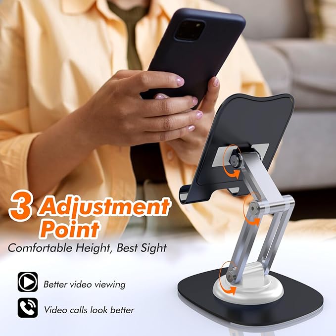 Cell Phone Stand, Fully Adjustable Foldable Desktop Phone Holder, 360 Degree Rotating Desktop Phone Stand for Recording Compatible with iPhone 16 15 14 13 12 Pro Xs Max Xr, White