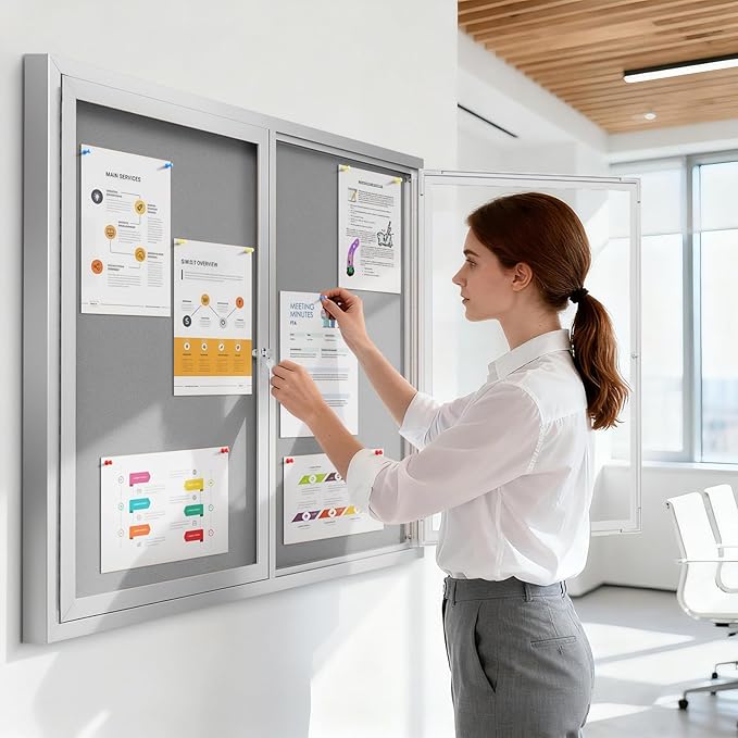 SWANCROWN Weather Resistant Enclosed Bulletin Board Gray Fabric Displays Boards Wall Mounted Notice Board with Aluminum Frame,43x31 inches