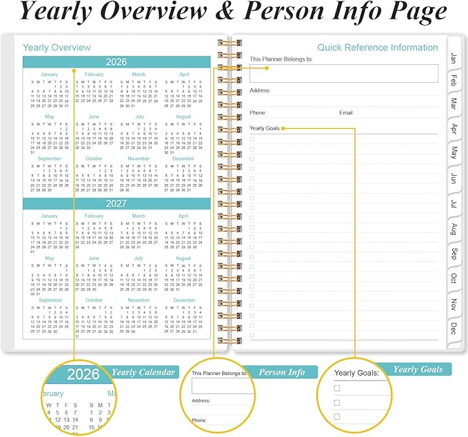 2026 Planner - A5 Weekly & Monthly Planners Spiral Bound, January 2026 - December 2026, 2026 Planner with Flexible Cover, Tabs, Inner Pocket, 6.4" x 8.5", Dark Blue