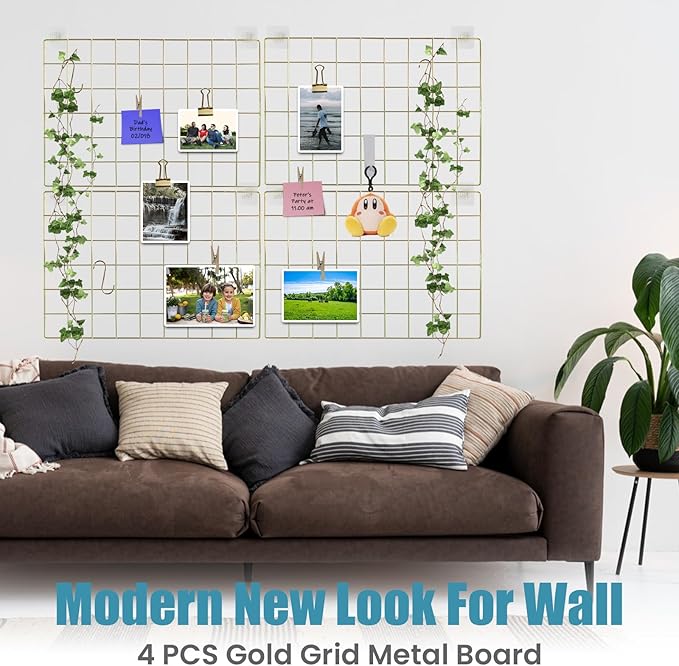 Metal Grid Wall Panel, Wire Grid Photo Display Organizer, 17.3"×11.8" Gold Wire Board Grid Wall, Grid Picture Frame, 4-Pack Wire Mesh Memo Board with Clips and Hooks