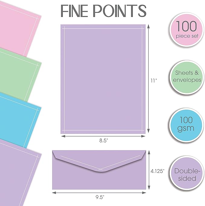 Better Office Products Assorted Solid Color Stationery Paper Set, 100 Piece Set (50 Sheets + 50 Matching Envelopes), Letter Size 8.5 x 11 inch, 4 Colors/Designs, Double Sided Printing Paper