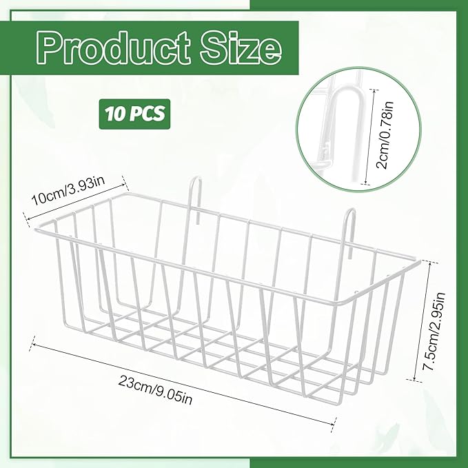 10Pcs Grid Panel Hanging Wire Basket Metal Grid Wall Basket No Drilling Wall Storage Baskets for Kitchen, Home Decor Supplies, Potted Plants, White