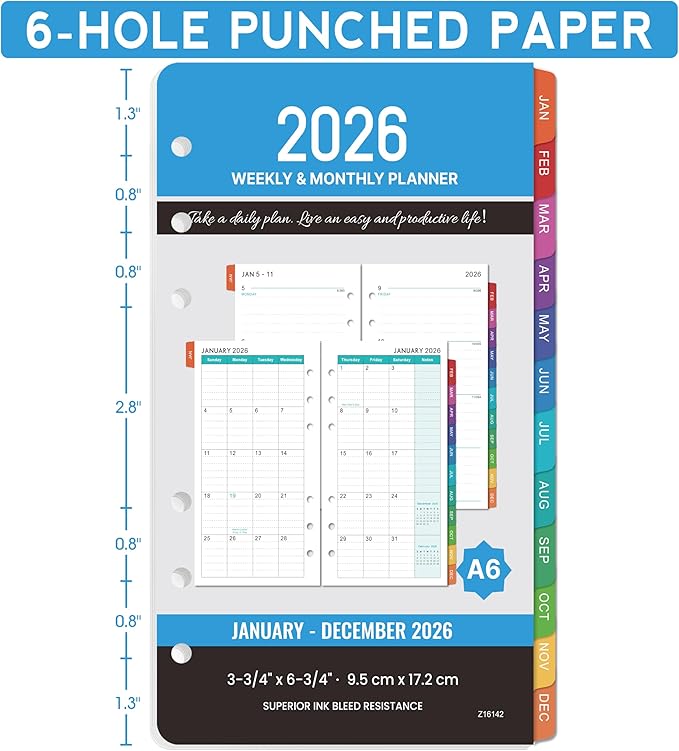 2026 Planner Refills - 4" x 7", A6 Weekly and Monthly Planner Inserts, Jan. 2026 - Dec. 2026, Planner Refills 2026, 6 Holes, Colorful Monthly Tabs