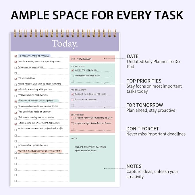 KMQOY To Do List Notepad - Daily Planner Pad Undated 52 Sheets Spiral Today Planner Note Pad Premium Thick Paper 6.5" x 9.8" For Work and Personal Organized - purple