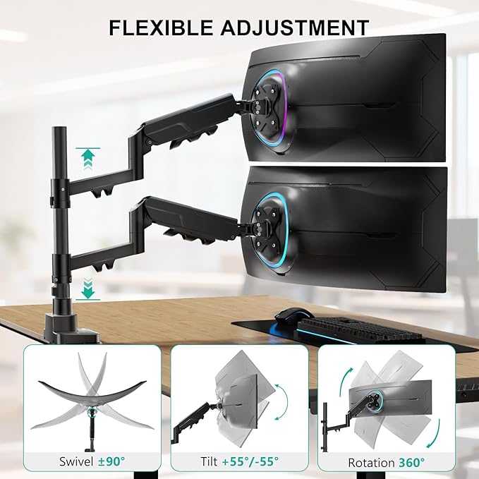 WALI Vertical Dual Monitor Stand for 17-49” Ultrawide Curved Screens, Heavy Duty Stacked Dual Monitor Mount with Tall Pole, Adjustable Gas Spring Monitor Arm up to 33lbs, 75/100mm VESA, Black