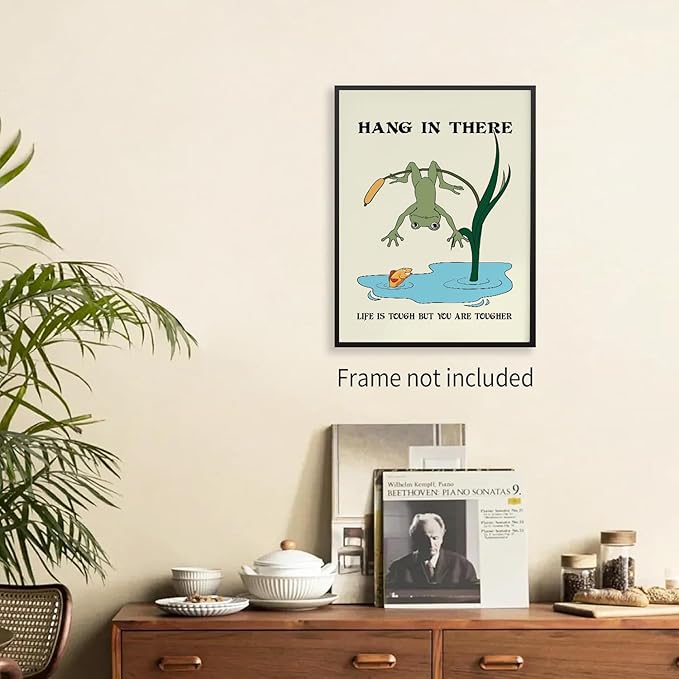 Hang In There Motivation Poster Frog Print Home Wall Art Mental Health Print Motivational Quote Poster Therapy Office Wall Decor Framed 16x24inch