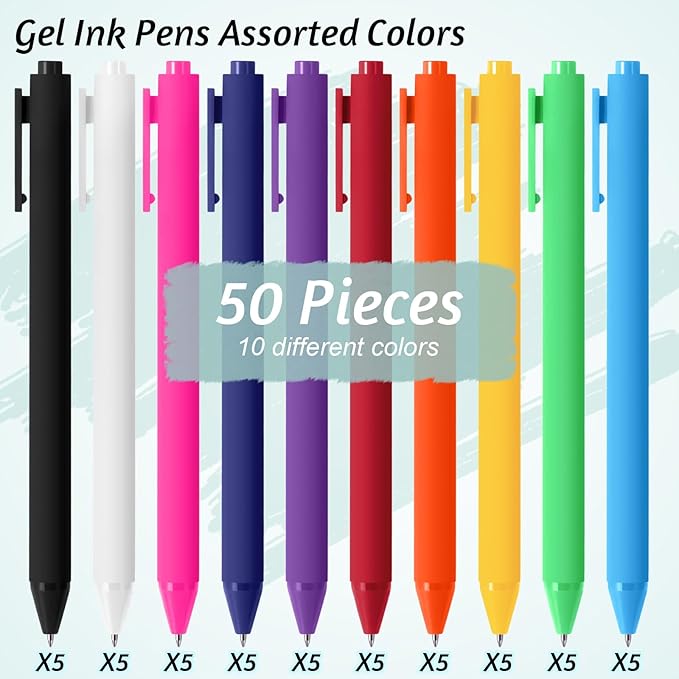 Crtiin 50 Pcs Gel Ink Pens Bulk, Black Ink 0.5mm Fine Point Retractable Pen Smooth Writing Office Supplies for Teacher Server Nurse Valentine Galentine Gift (Colorful)