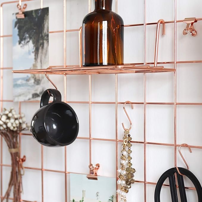 FRIADE Rose Gold Grid Basket with Hooks,Bookshelf,Display Shelf for Wall Grid Panel,Wall Mount Organizer and Storage Shelf Rack for Home Supplies,1 Set of 3 (Rose Gold)