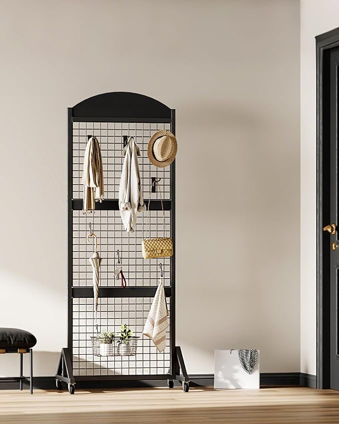 2 Packs Grid Wall Panel 5.7' x 2' FT Grid Display Rack with Wheels, Movable Gridwall Display Stand with 8 S-Shaped Hooks and 8 Garment Hooks, Floorstanding Wire Grid Rack, Black TCJ17P2BB
