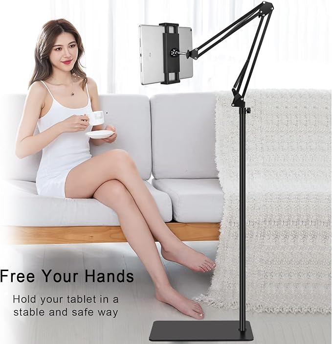 Tablet Floor Stand with Double Weight Base,Overhead Bed Phone Stand Height Adjustable/ Arm Stretchable Tablet Holder, Compatible with 4.5''-13'' iPhone, iPad, Galaxy Tab, Kindle, or Other Phones