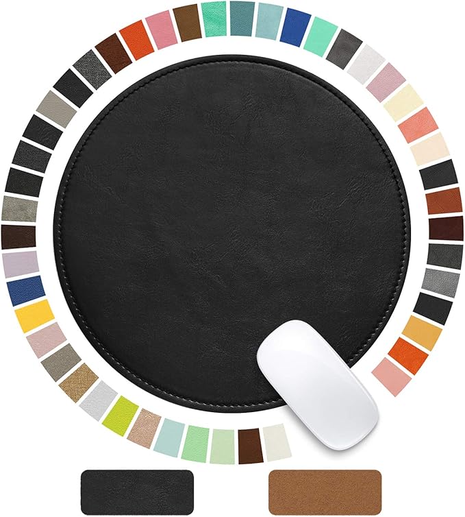 Mouse Pad，Round Mouse Pad，PU Mouse Pad，Leather Mouse Pad with Stitched Edge Micro-Fiber Base with Non-Slip Waterproof，Mouse Pad for Computers，Laptop，9 x 9 Inch (Ruffle Detailed Black)