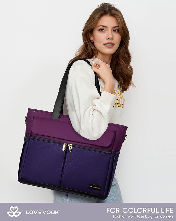 LOVEVOOK Laptop Bag for Women 15.6 Inch Canvas Laptop Large Capacity Work Bags Mutiple Pockets Teacher Bag Water Resistant Computer Bags for Business Travel Nurse, Dark Purple-Black