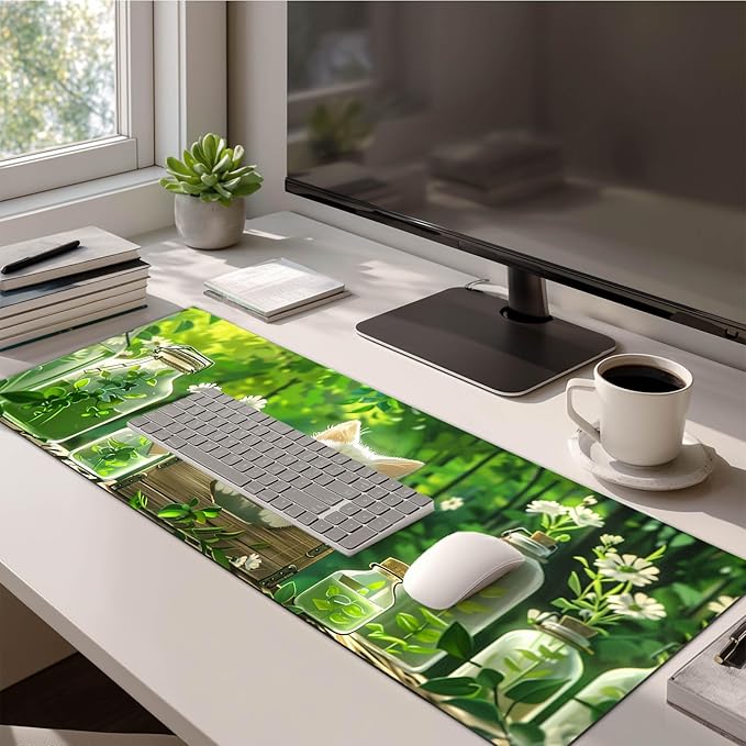 Cat XL Mouse Pad 31.5 x 11.8 Inch Gaming Mousepad Diatomite Large Keyboard Mouse Pad for Home and Office Desk Accessories with White Cat Garden Scene