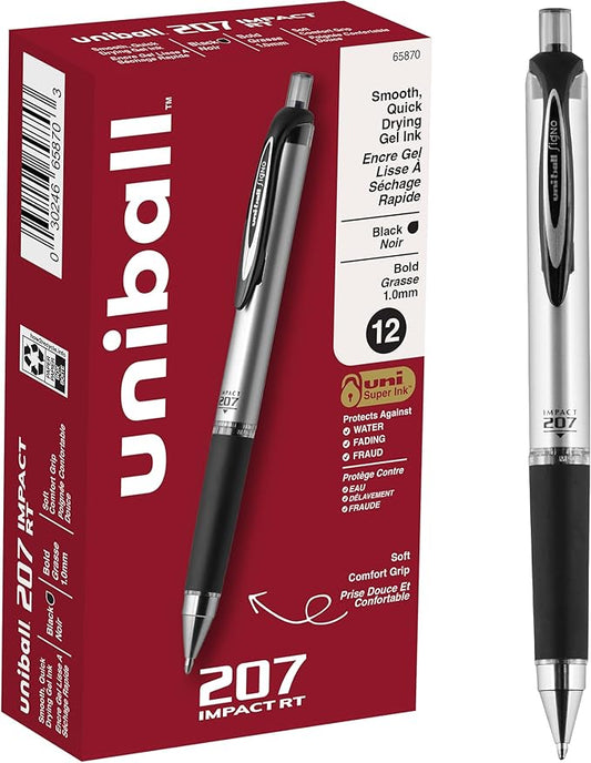 uniball 207 Impact Retractable Gel Pens, Bold Point (1.0mm), Black, 12 Pack