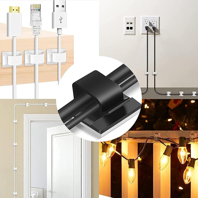 Adhesive Cable Management Wire Clips(Black 50 Pcs),Wires Clips Holders for Cords on Wall,Outdoor Cable Clips,Suitable for Under Tables, Cars, Walls, televisions, Christmas Lights