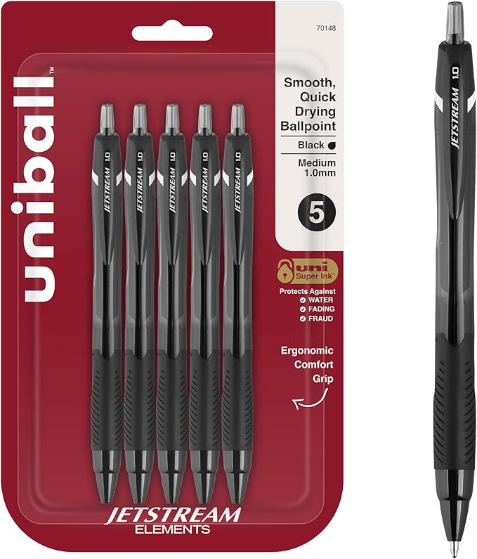 uniball Jetstream Elements Ballpoint Pens, Medium Point (1.0mm), Black Ink, 5 Pack