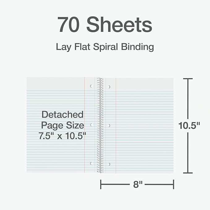 Oxford Spiral Notebooks, 2 Pack, 1 Subject, College Ruled Notebooks for School, 8 x 10.5 Inches, 70 Sheets, Assorted Colors, Back to School Supplies (1002522)