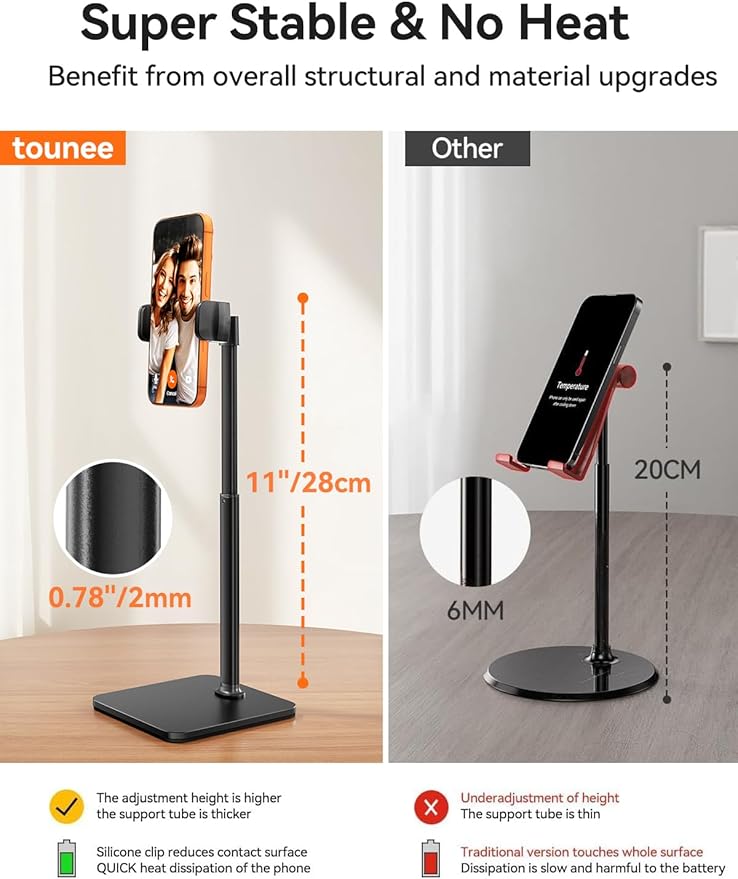 tounee Phone Stand for Desk, 8-11" Height Adjustable Cell Phone Holder for Live Streaming, Video Recording, TikTok – Compatible with iPhone 17/16/15, Samsung, All 4-7" Smartphones -Black