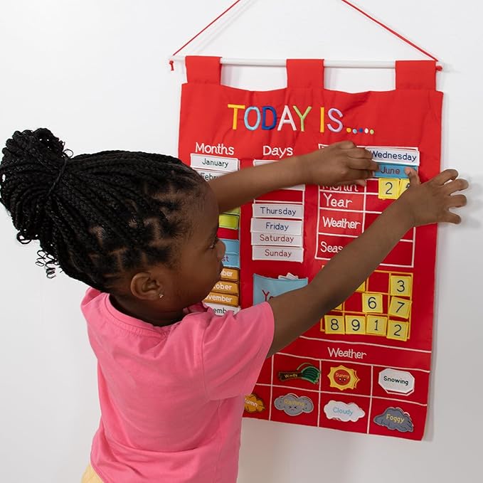 The Peanutshell Learning Calendar Wall Chart - Homeschool Supplies, Interactive Pocket Chart for Toddlers & Kids - Preschool Learning Activity Board, Circle Time Board for Classroom - Red Today Is