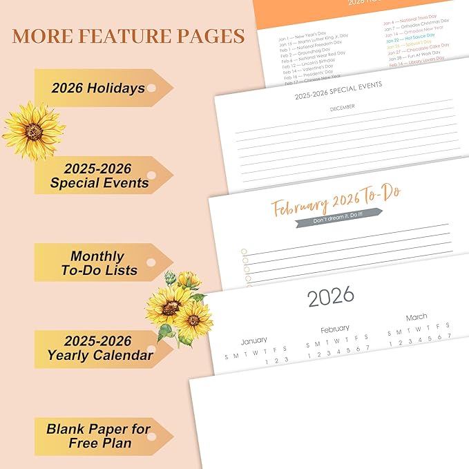 CAGIE 2026 Planner Weekly and Monthly Dec 2025-Dec 2026 Hardcover Calendar Planners with Stickers& Month Tabs for Women Spiral Bound 26 Yearly Agenda, 8.3"x9.1", Sunflower