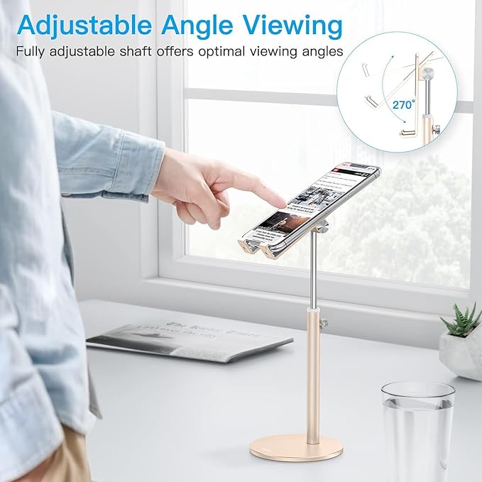 OMOTON Cell Phone Stand, Angle Height Adjustable Phone Stand, Aluminum Desktop Phone Holder Dock Stand for Desk, Compatible with iPhone 17 Pro Max, All Smartphones and Tablets(4-11''),Gold