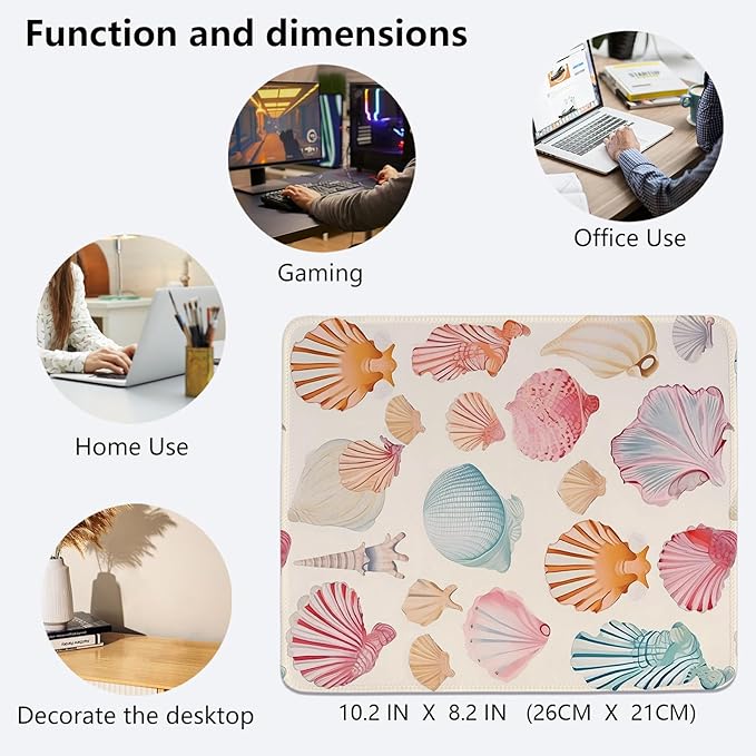 Colorful Seashells Mouse Pad,Beachy Desk Mat,Ocean Coastal Mouse Pad,Girly Summer Coastal Mouse Pads for Beach Room Dorm Home Office Desktop Decor,10.2x8.2 Inch