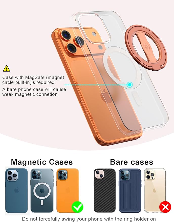 EWA MagOne 3rd Gen [Compatible with MagSafe] Phone Grip Stand with Finger Strap, Removable Magnetic Ring Holder Kickstand Loop for iPhone 17,16,15,14,13,12 Series (Cosmic Orange)