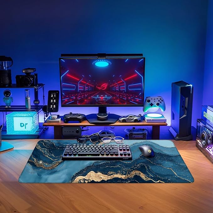 Blue Ocean Marble Extended Mouse Pad XL 31.5"x11.8" – Elegant Blue and Gold Desk Mat – Non-Slip Rubber Base, Stitched Edges