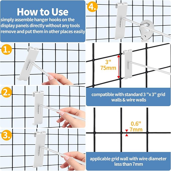 20Pcs Gridwall Hooks, Metal Grid Panel Hanging Peg Hooks, Grid Wall Accessory for Clothes Storage, Home Organization, Retail Display (White, 10"/25Cm)