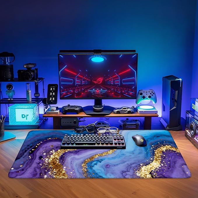 Blue and Gold Stripes Extended Gaming Mouse Pad 35.4x15.7Inch Large Desk Mat Anti-Slip Rubber Base & Durable Stitched Edges for Gamers Smooth Mouse Writing Surface for Desk Office/Home
