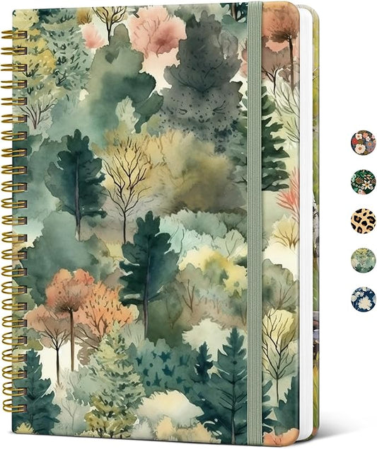 Taja Spiral Journal Notebook for Women, Pretty Hardcover Lined Notebook for Work & Note Taking, Aesthetic Cute Journal for Writing, 140 Pages, 5.8"x8.3", Misty Woods