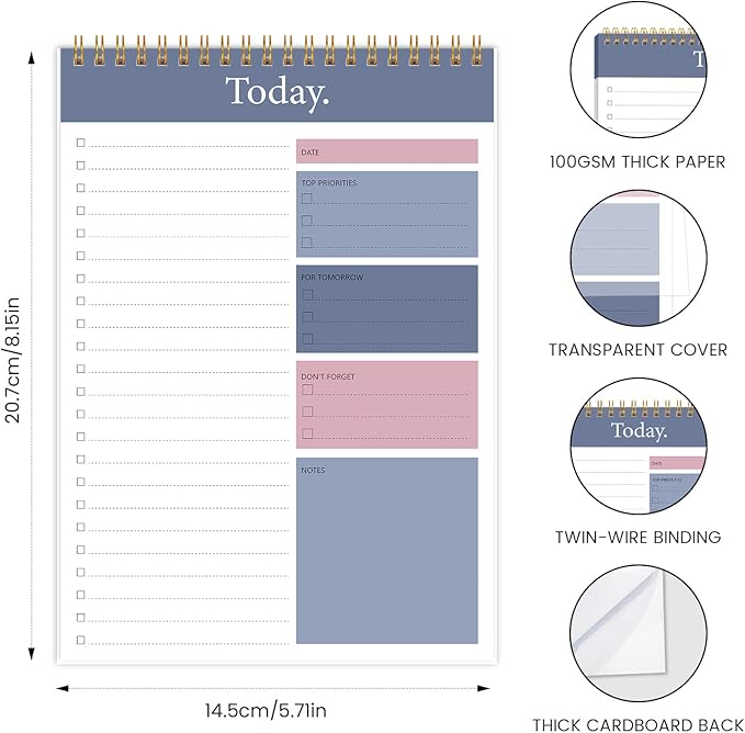 KMQOY To Do List Notepad - Daily Planner Pad Undated 52 Sheets Spiral Today Planner Note Pad Premium Thick Paper 6.5" x 9.8" For Work and Personal Organized