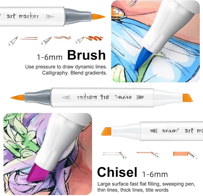 SFAIH Alcohol Markers Brush Tip & Chisel Tip - 49 Colors Double Tipped Art Markers for Adult Coloring Books Illustration, Gifts for Artist Adult - Refillable Alcohol-based Ink